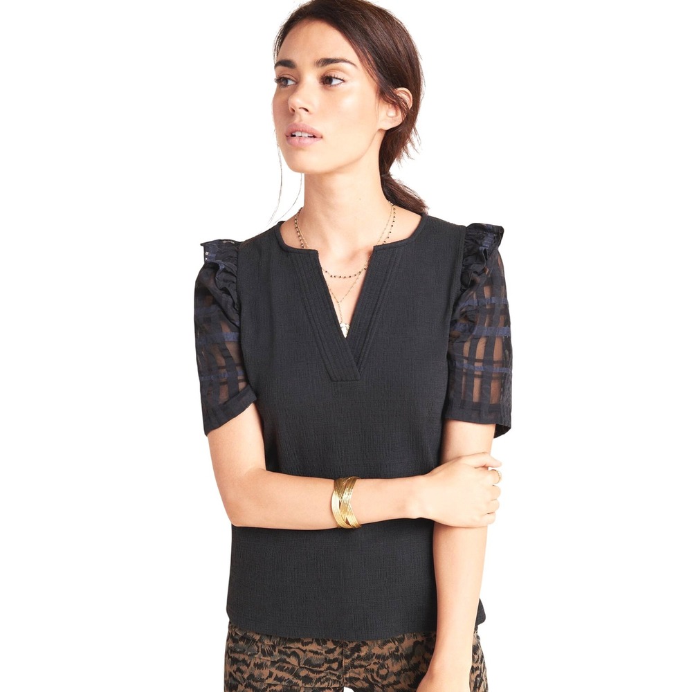 Anthropologie Current Air Betsy Ruffled Top Black Sheer Puff Sleeve Blouse L
